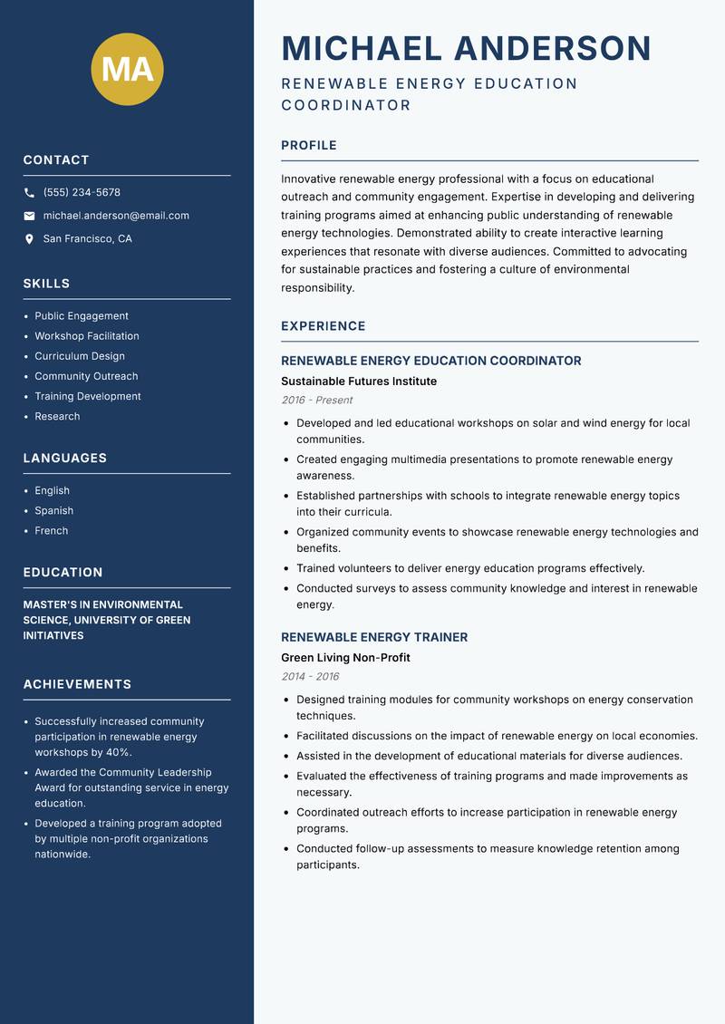 Renewable Energy Instructor Resume Preview Example