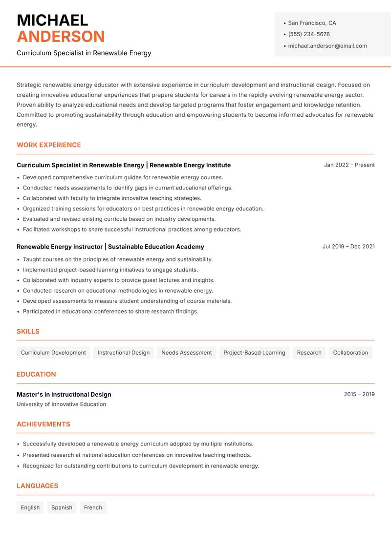 Renewable Energy Instructor Resume Template