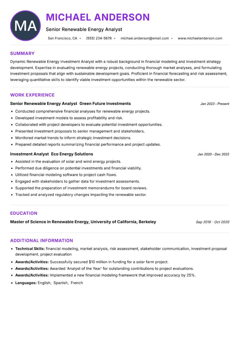 Renewable Energy Investment Analyst Resume Preview Example