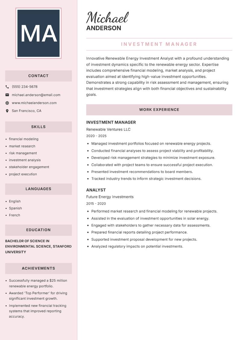Renewable Energy Investment Analyst Resume Preview Example
