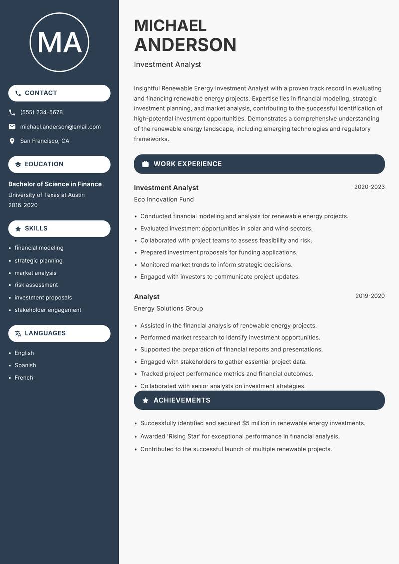Renewable Energy Investment Analyst Resume Preview Example