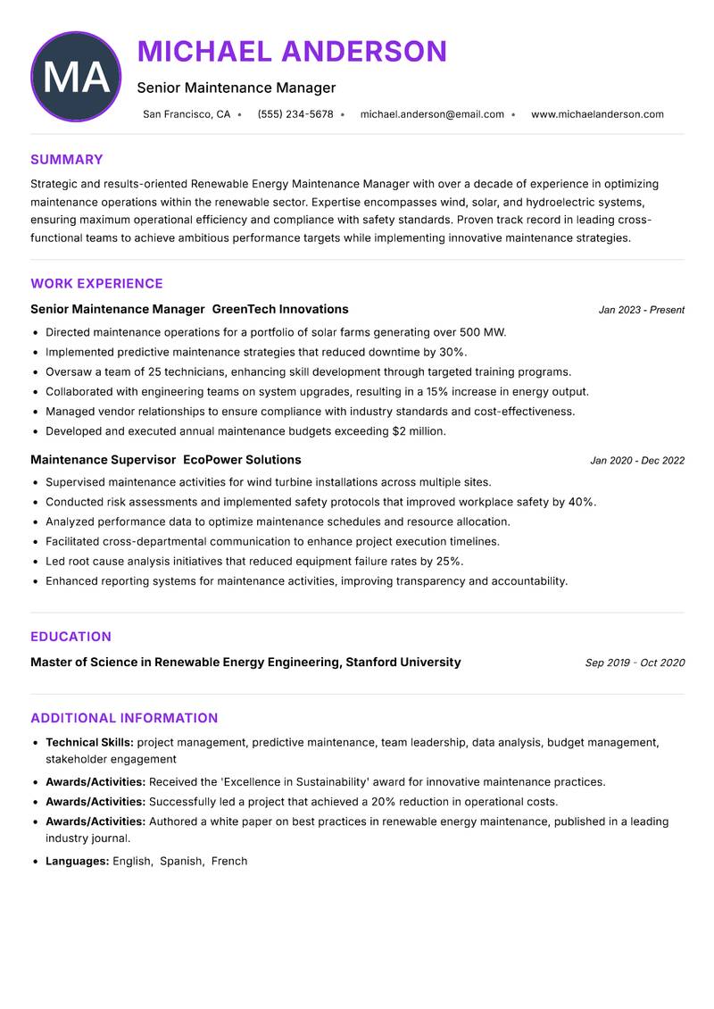Renewable Energy Maintenance Manager Resume Preview Example
