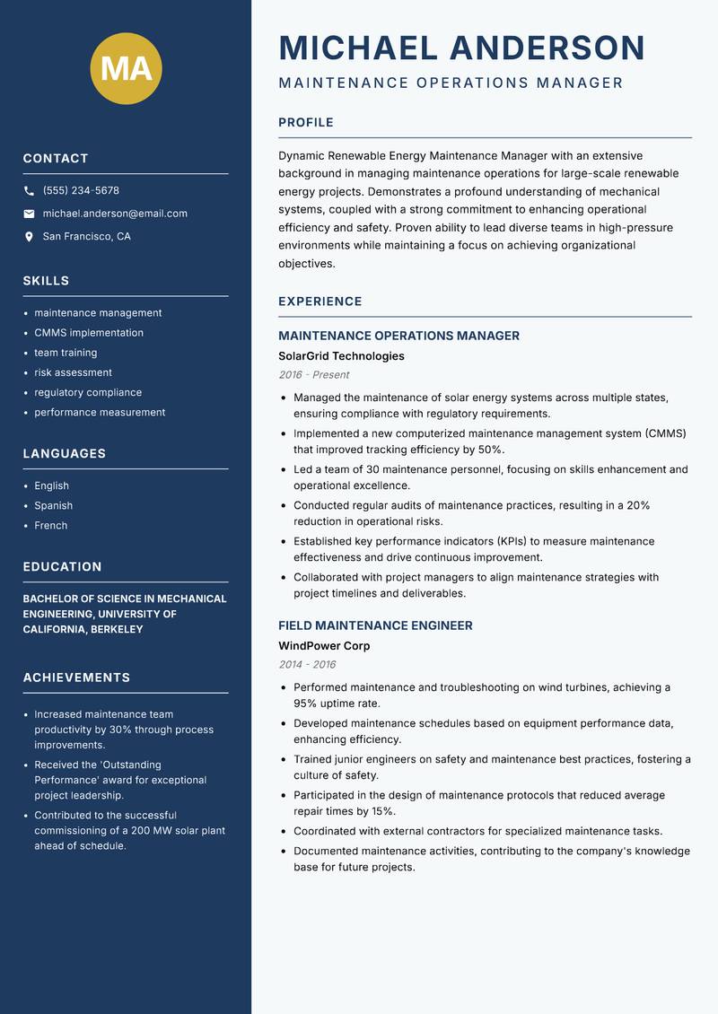 Renewable Energy Maintenance Manager Resume Preview Example