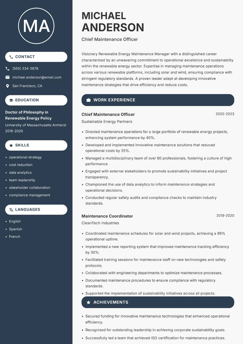 Renewable Energy Maintenance Manager Resume Preview Example