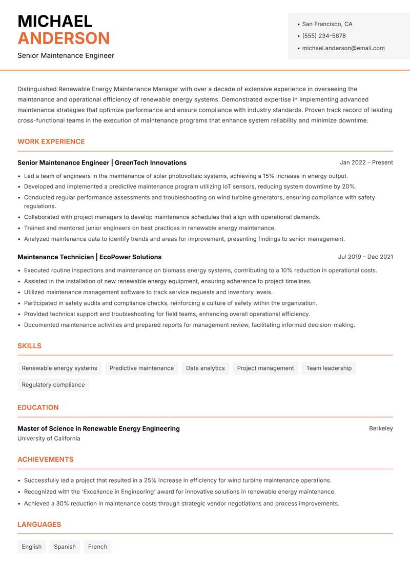 Renewable Energy Maintenance Manager Resume Template