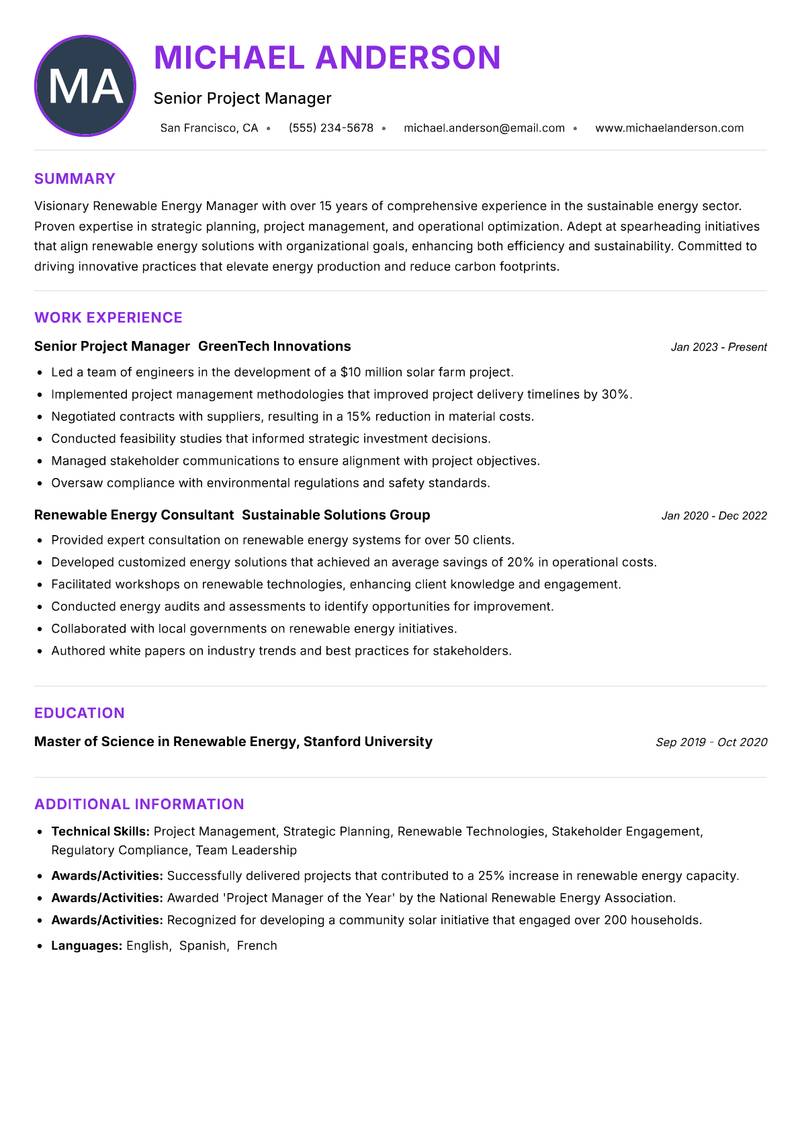 Renewable Energy Manager Resume Preview Example