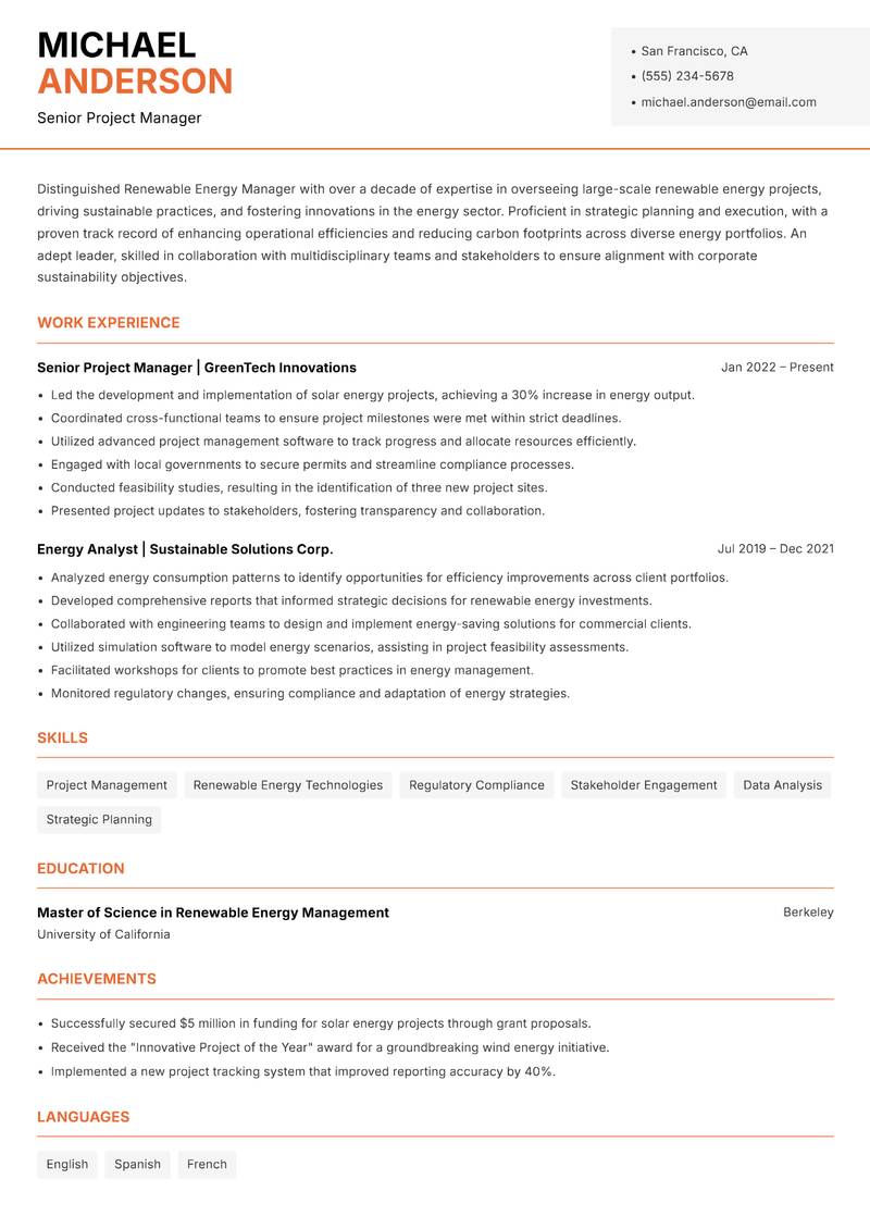 Renewable Energy Manager Resume Template