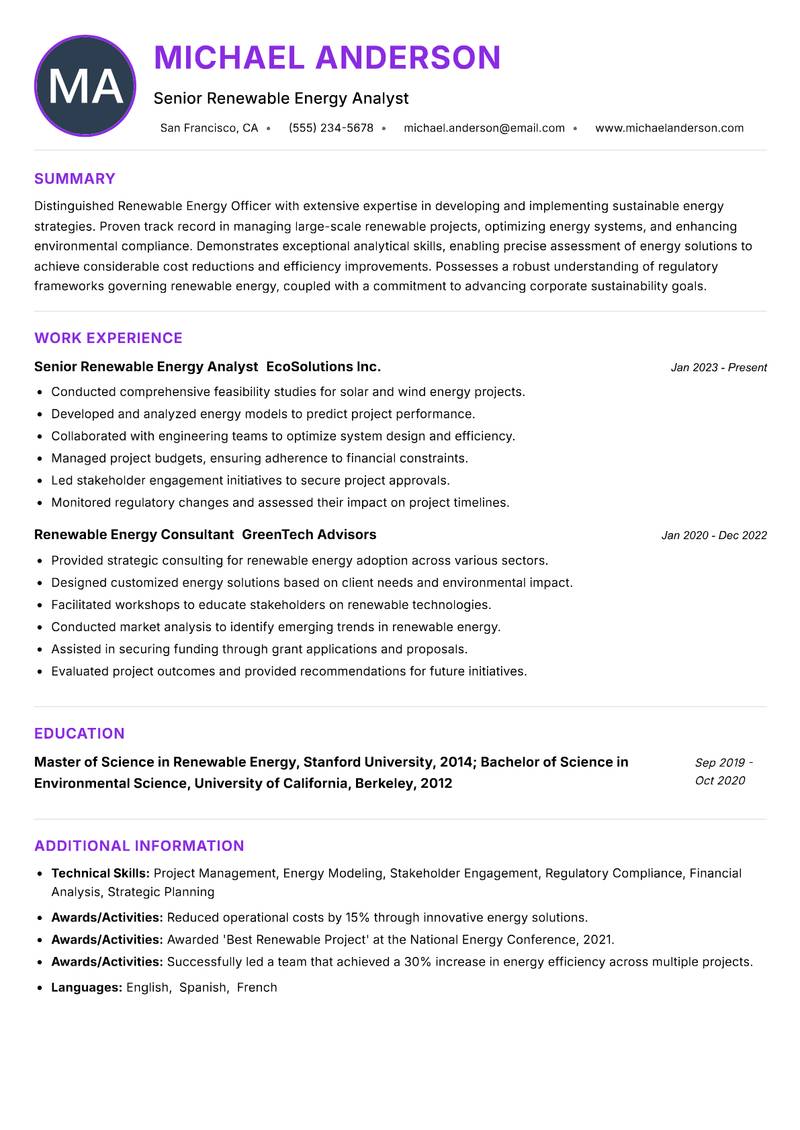 Renewable Energy Officer Resume Preview Example