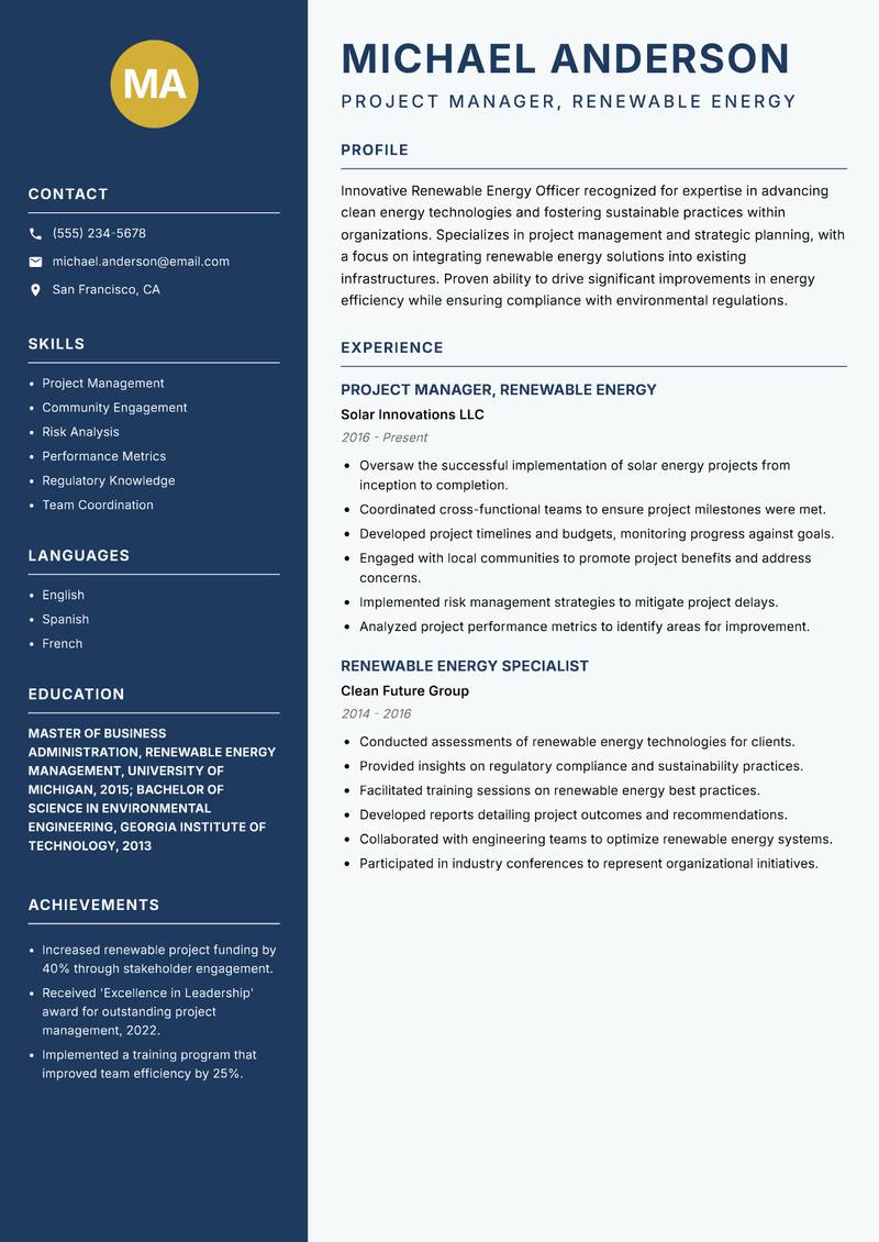 Renewable Energy Officer Resume Preview Example