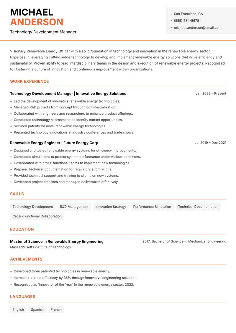 Renewable Energy Officer Resume Template