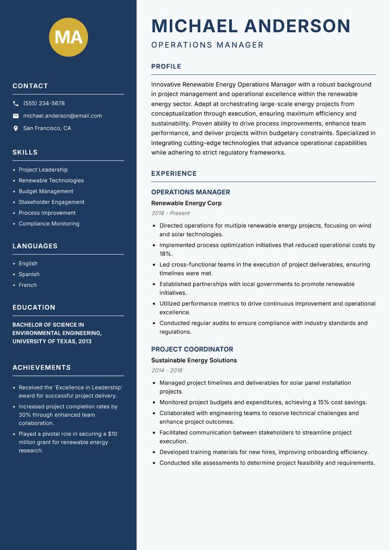 Renewable Energy Operations Manager Resume Preview Example