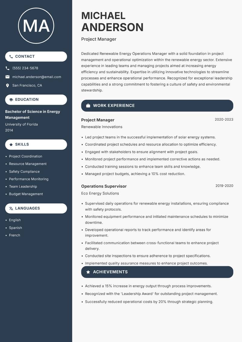 Renewable Energy Operations Manager Resume Preview Example