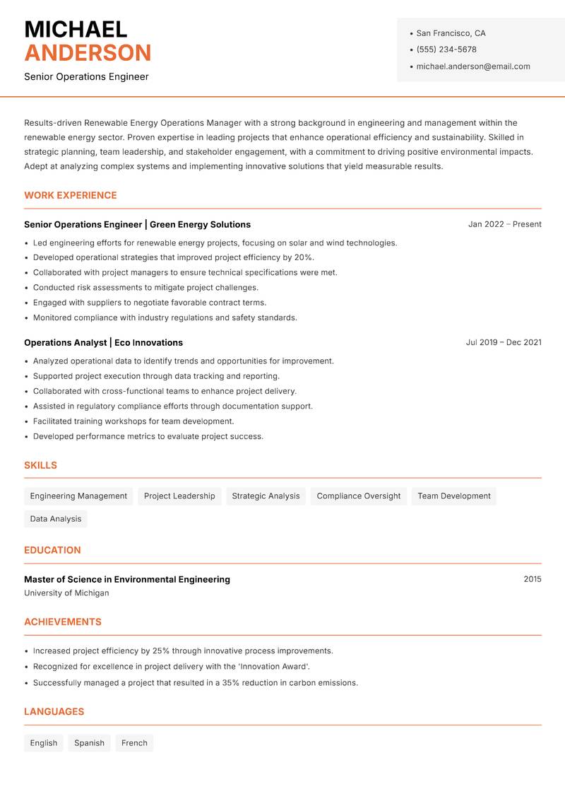 Renewable Energy Operations Manager Resume Template