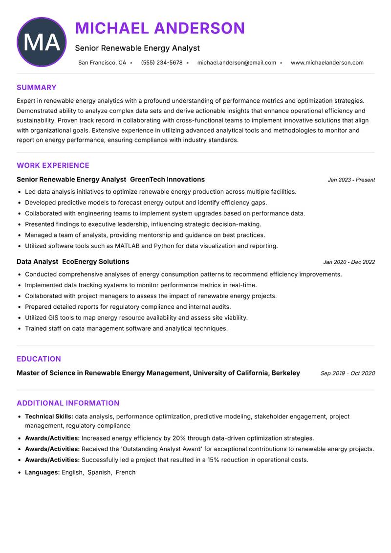 Renewable Energy Performance Analyst Resume Preview Example