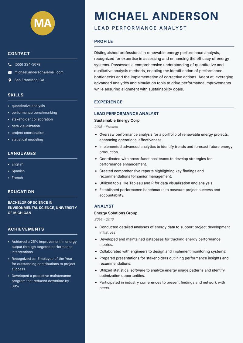 Renewable Energy Performance Analyst Resume Preview Example