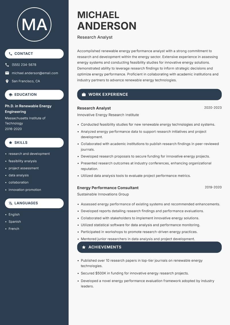 Renewable Energy Performance Analyst Resume Preview Example