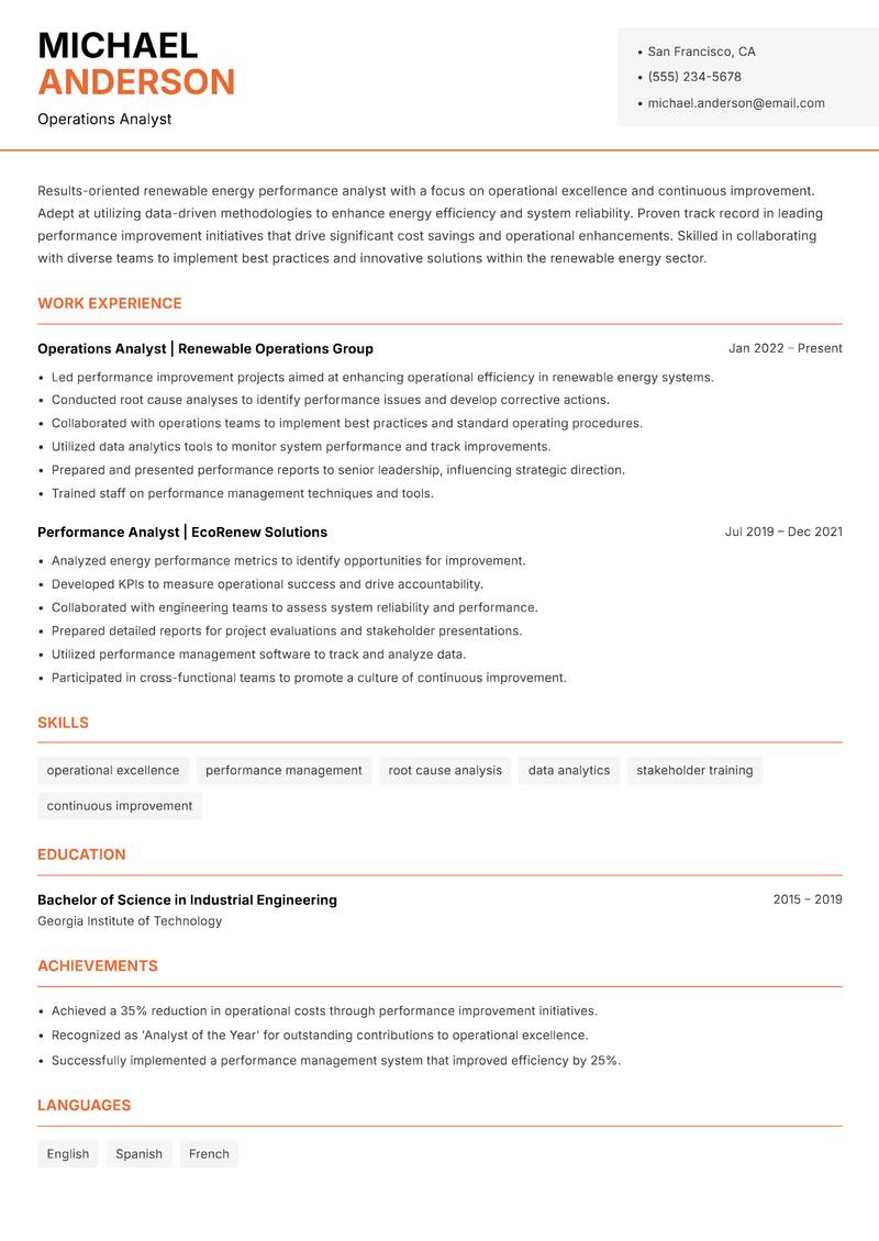 Renewable Energy Performance Analyst Resume Template