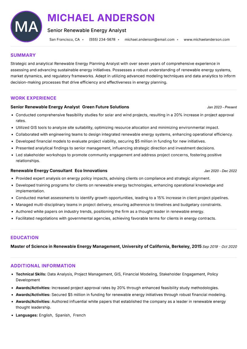 Renewable Energy Planning Analyst Resume Preview Example