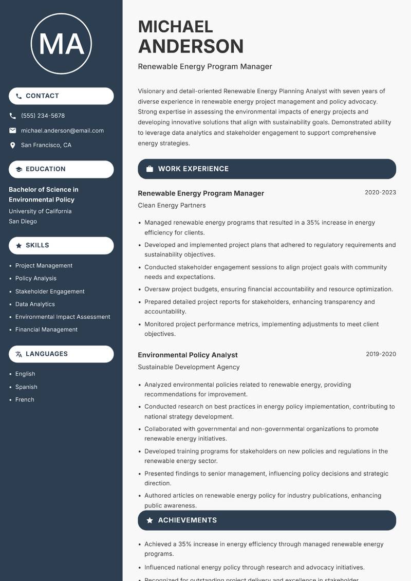 Renewable Energy Planning Analyst Resume Preview Example