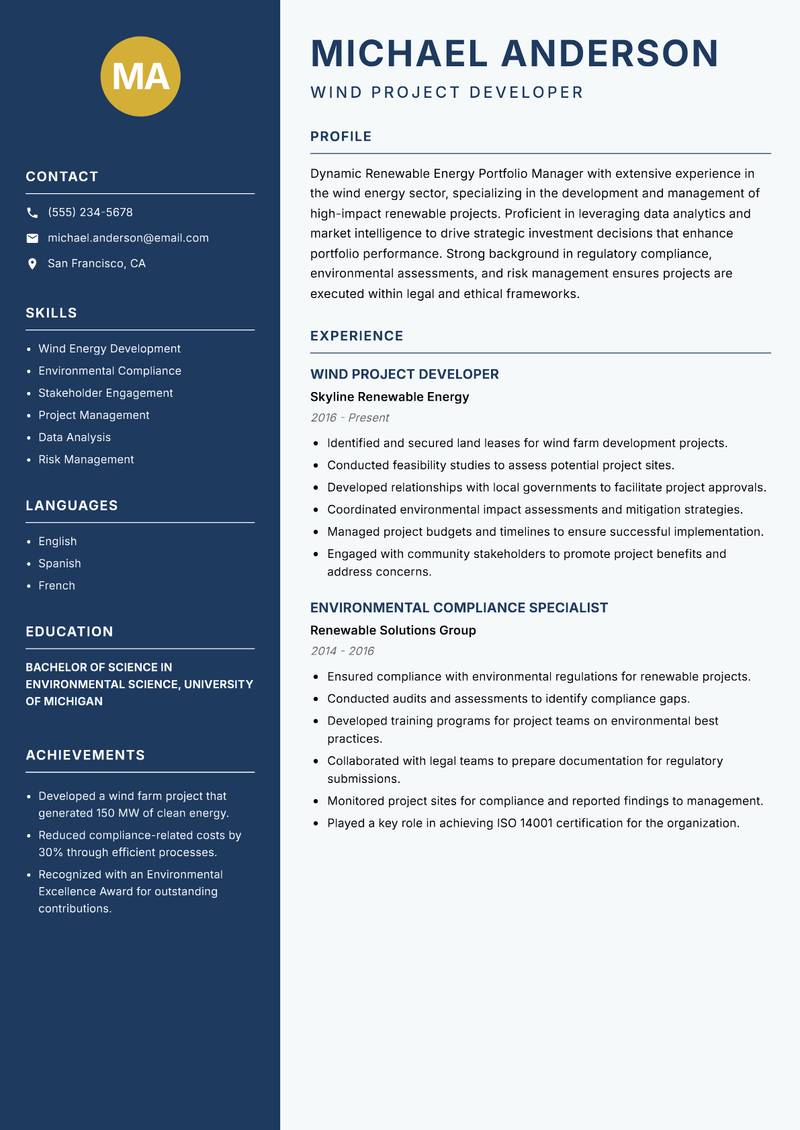 Renewable Energy Portfolio Manager Resume Preview Example