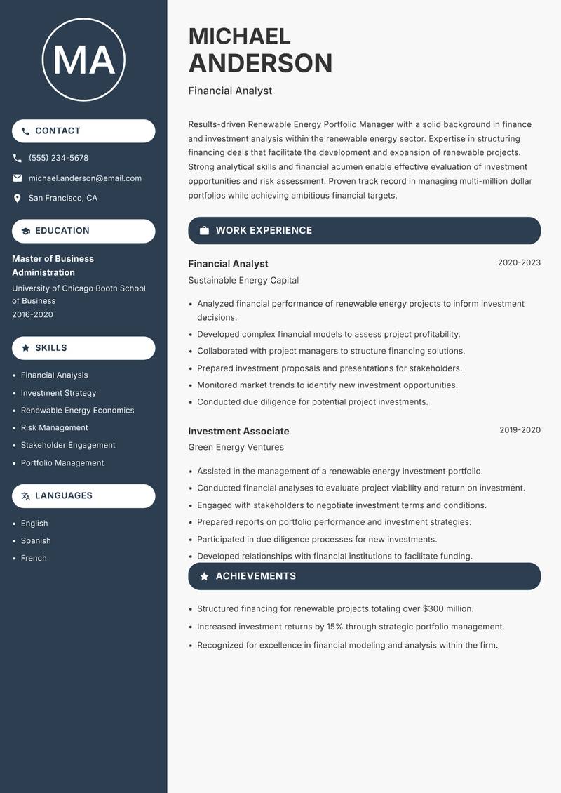 Renewable Energy Portfolio Manager Resume Preview Example