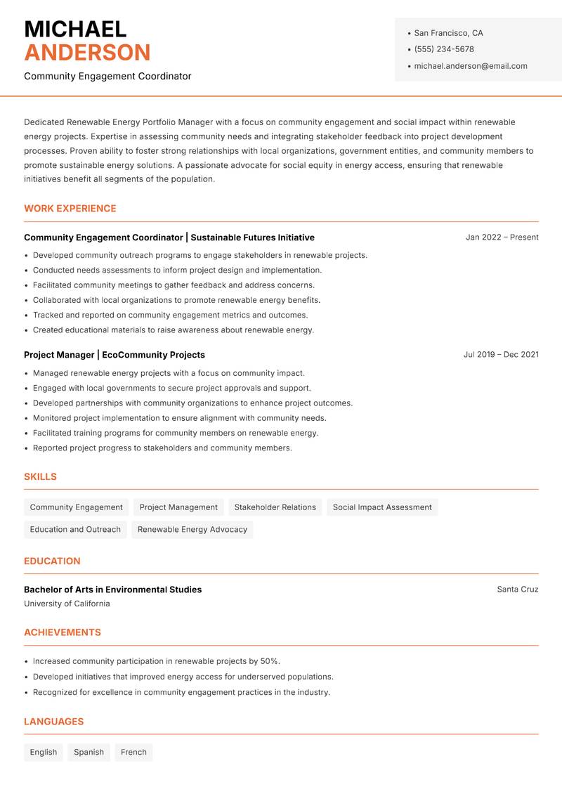 Renewable Energy Portfolio Manager Resume Template