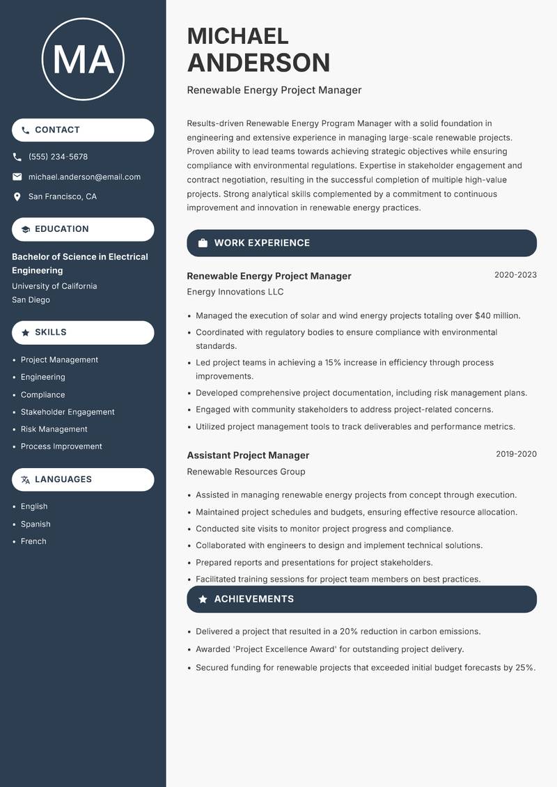 Renewable Energy Program Manager Resume Preview Example