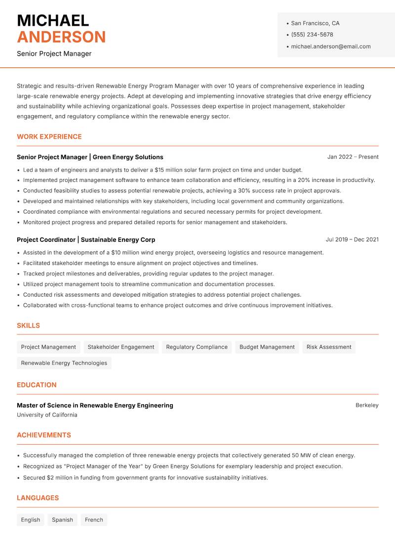 Renewable Energy Program Manager Resume Template