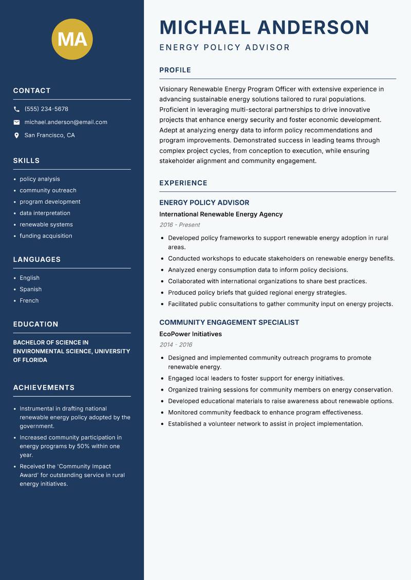 Renewable Energy Program Officer Rural Resume Preview Example