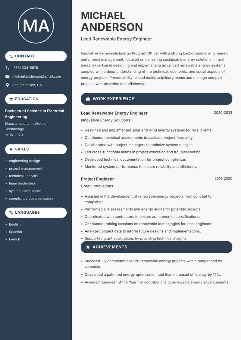 Renewable Energy Program Officer Rural Resume Preview Example
