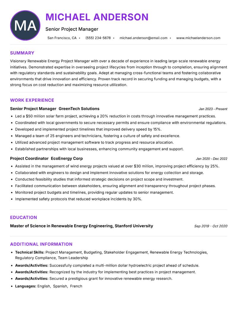 Renewable Energy Project Manager Resume Preview Example