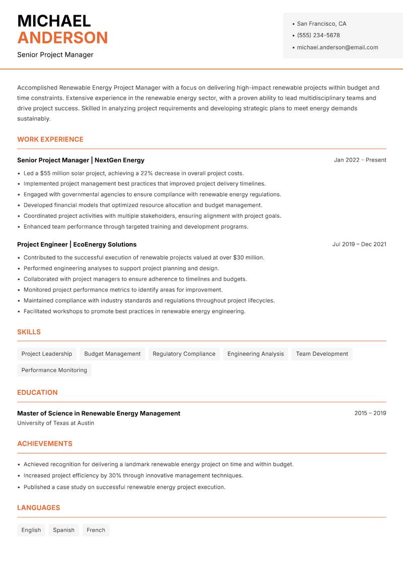 Renewable Energy Project Manager Resume Template