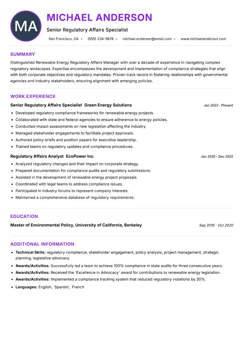 Renewable Energy Regulatory Affairs Manager Resume Preview Example