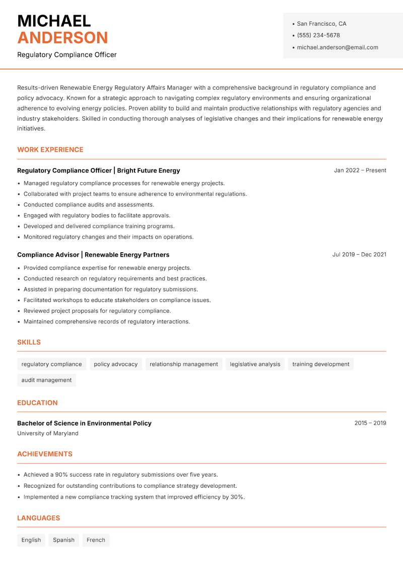Renewable Energy Regulatory Affairs Manager Resume Template