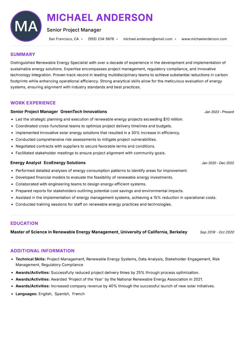 Renewable Energy Specialist Resume Preview Example
