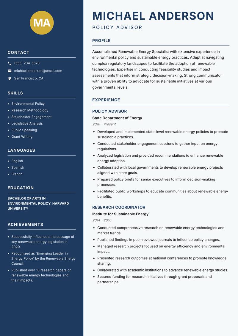 Renewable Energy Specialist Resume Preview Example