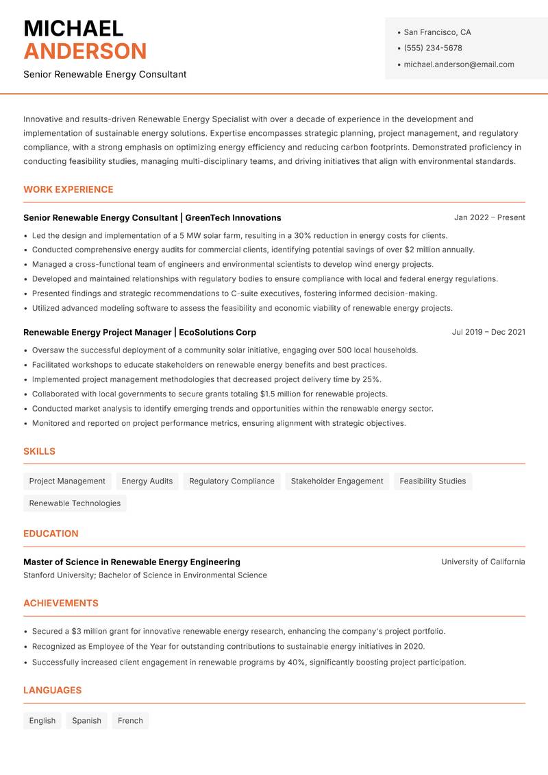 Renewable Energy Specialist Resume Template