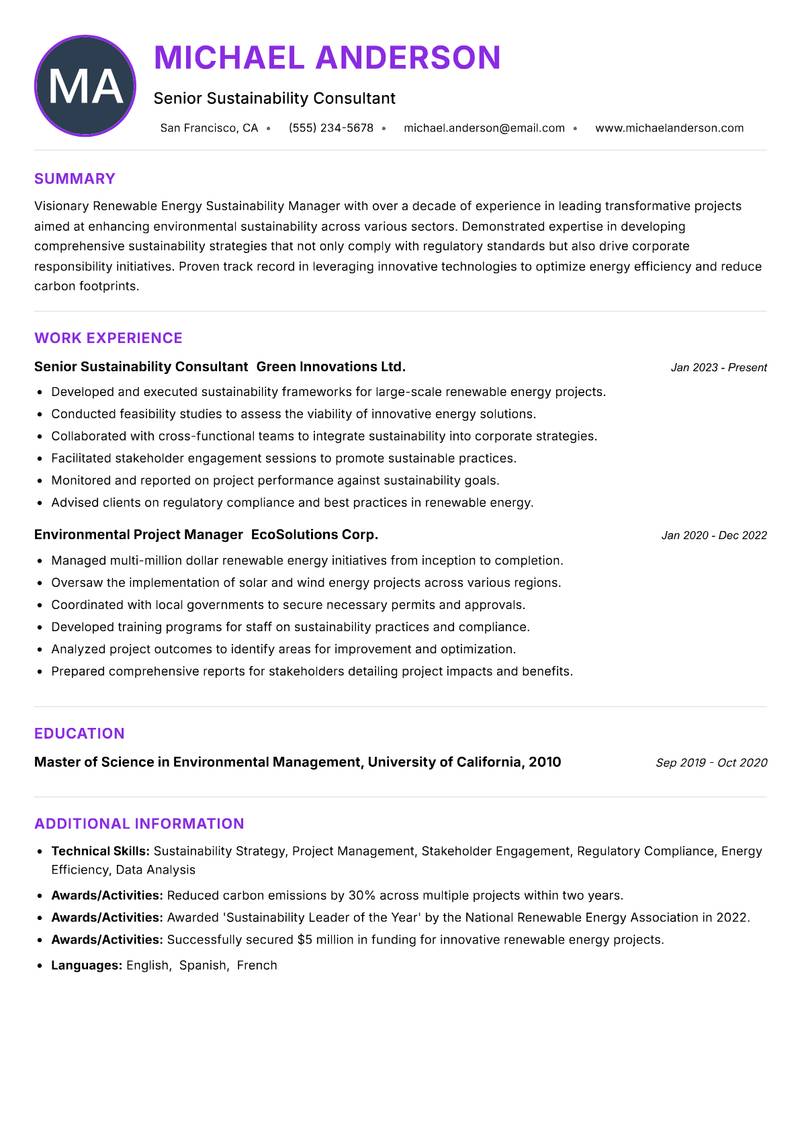 Renewable Energy Sustainability Manager Resume Preview Example