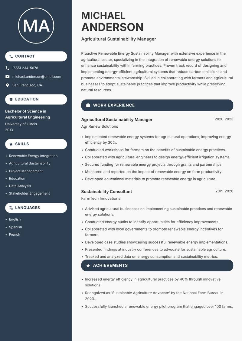 Renewable Energy Sustainability Manager Resume Preview Example