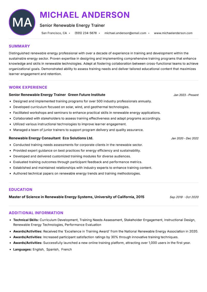 Renewable Energy Trainer Resume Preview Example