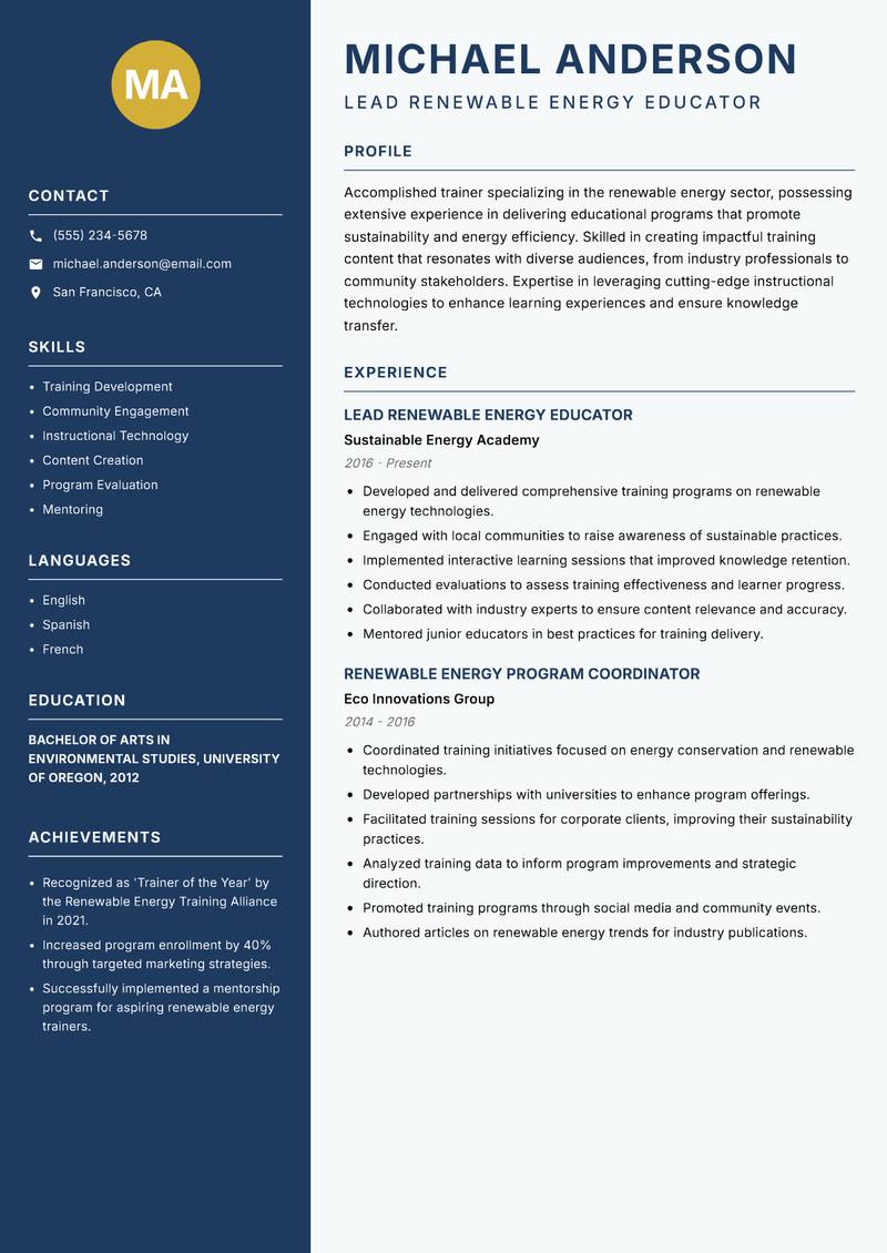 Renewable Energy Trainer Resume Preview Example