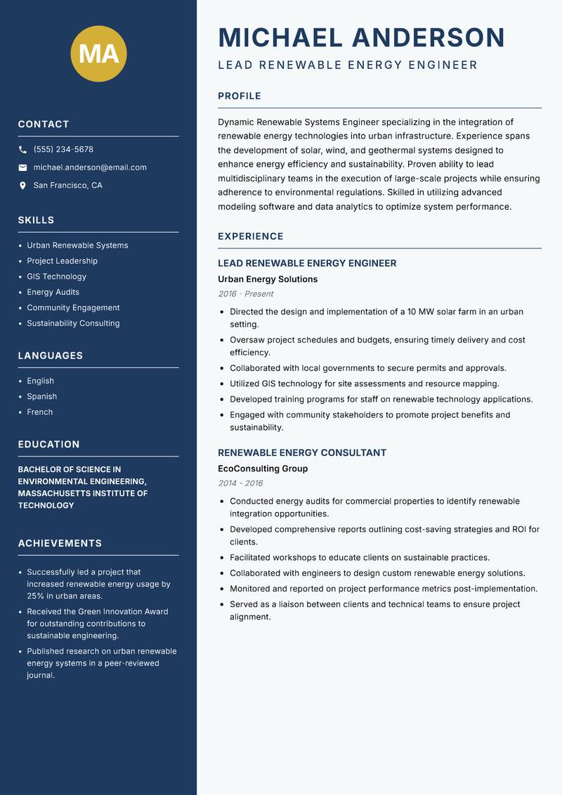 Renewable Systems Engineer Resume Preview Example