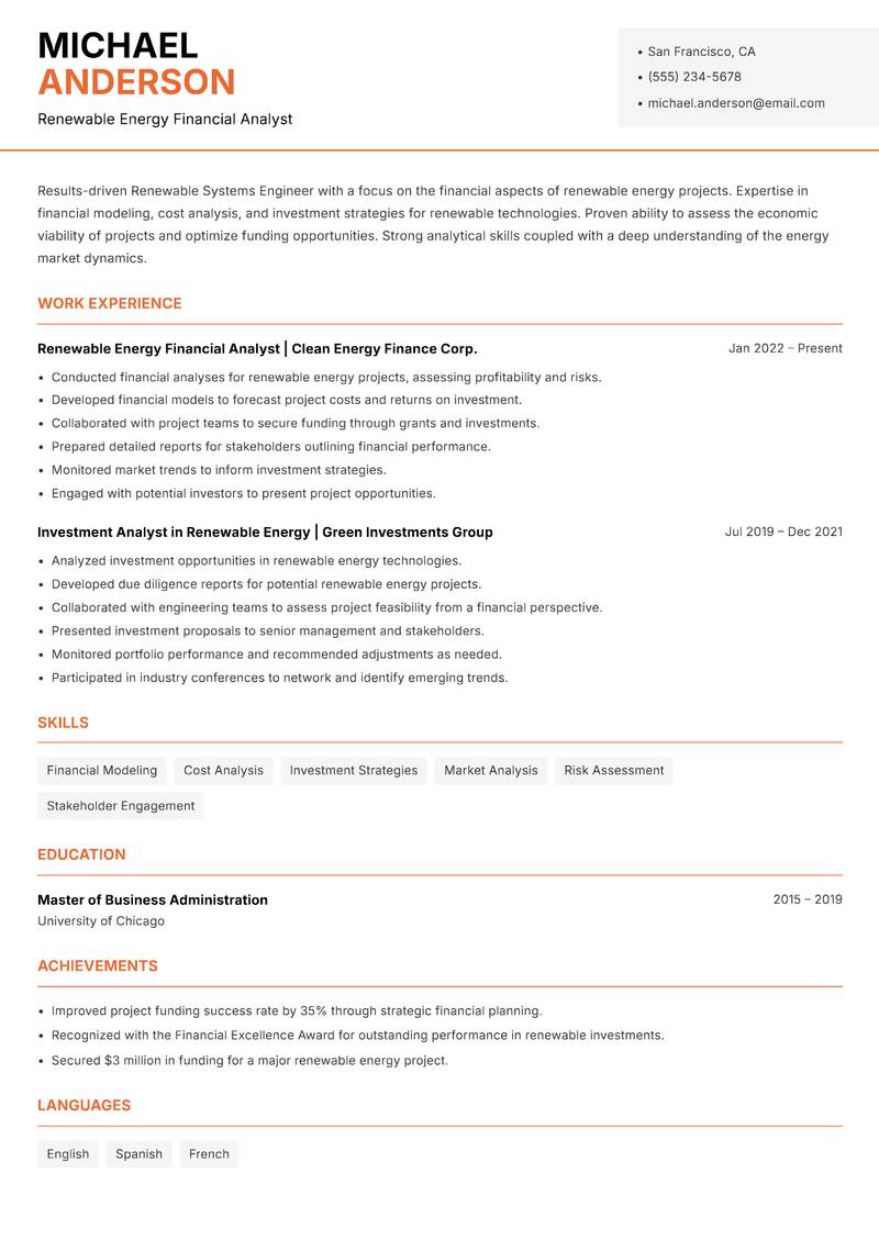 Renewable Systems Engineer Resume Template