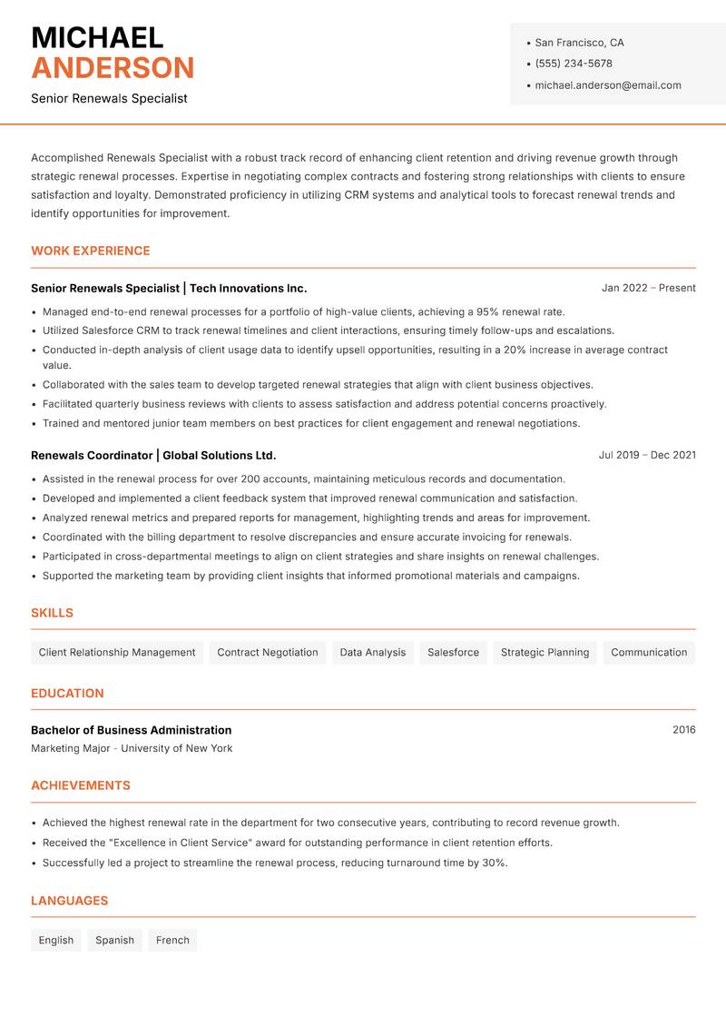 Renewals Specialist Resume Template