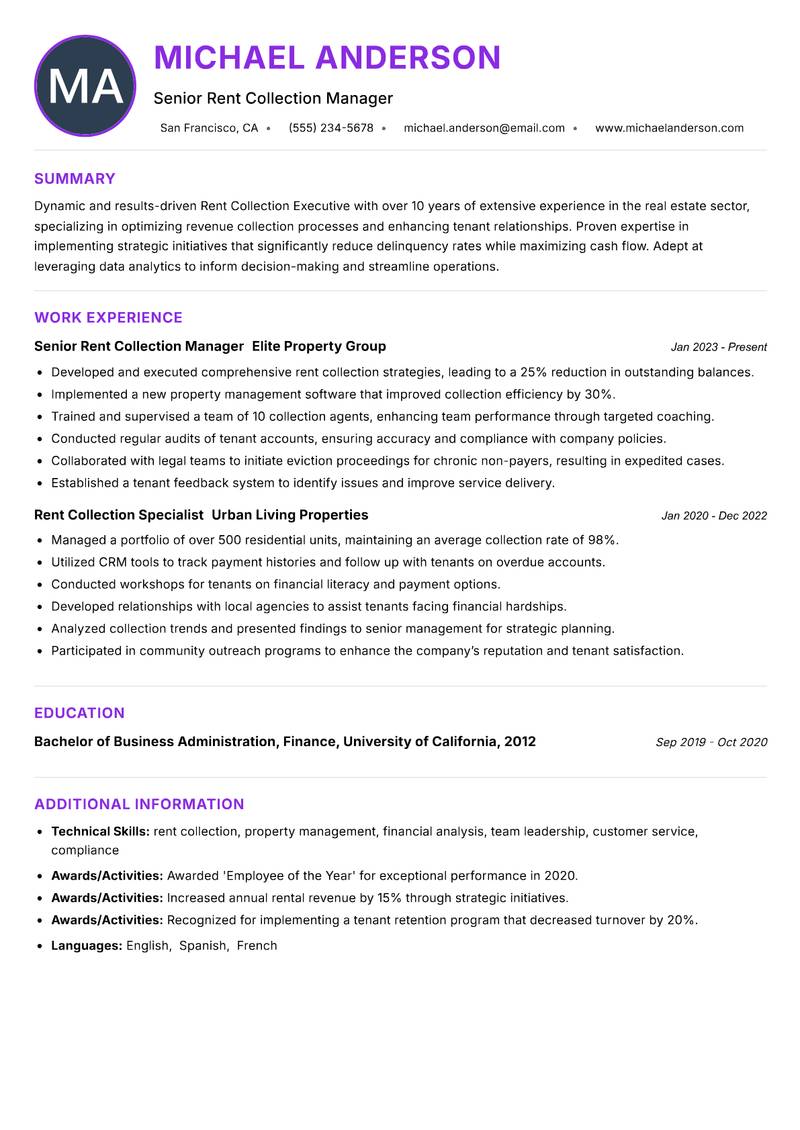 Rent Collection Executive Resume Preview Example