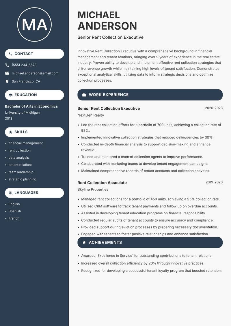 Rent Collection Executive Resume Preview Example