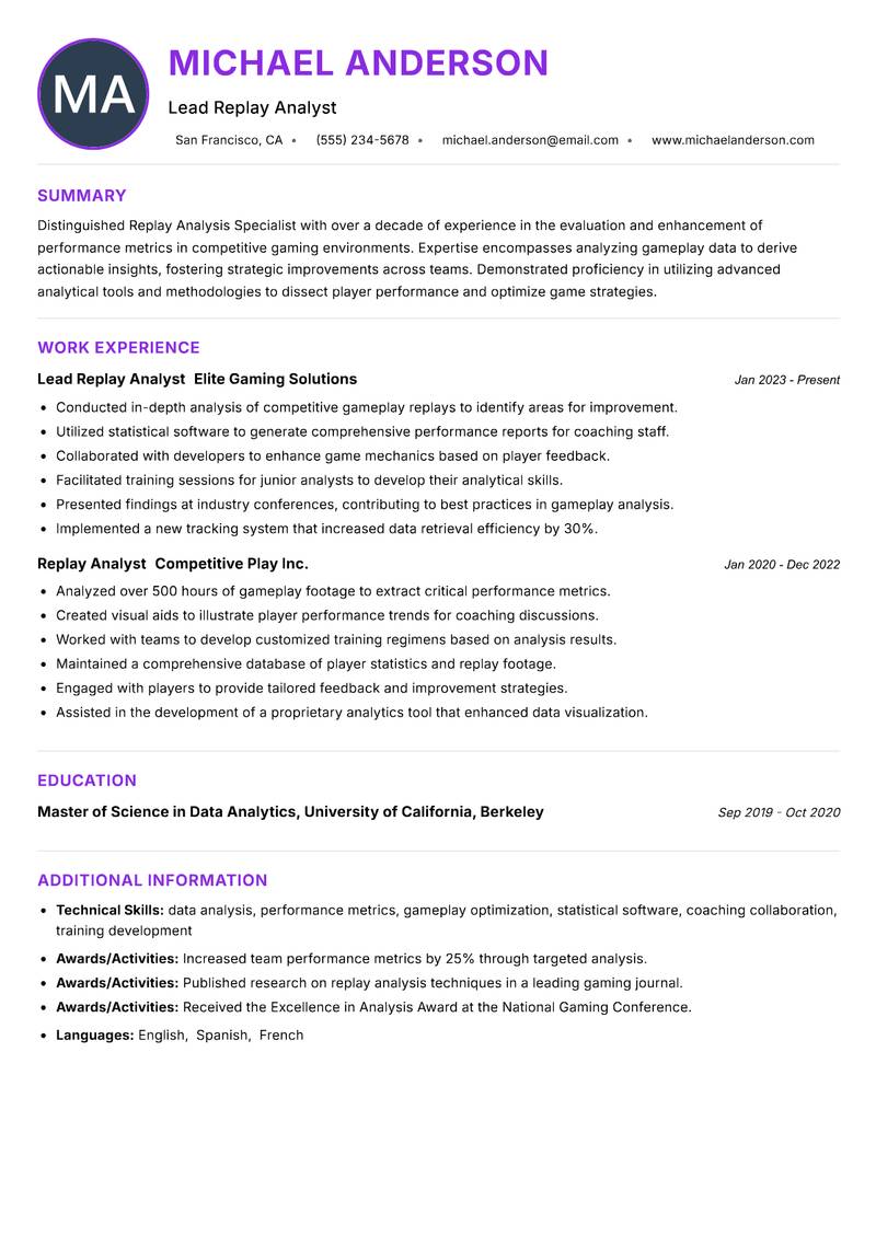 Replay Analysis Specialist Resume Preview Example