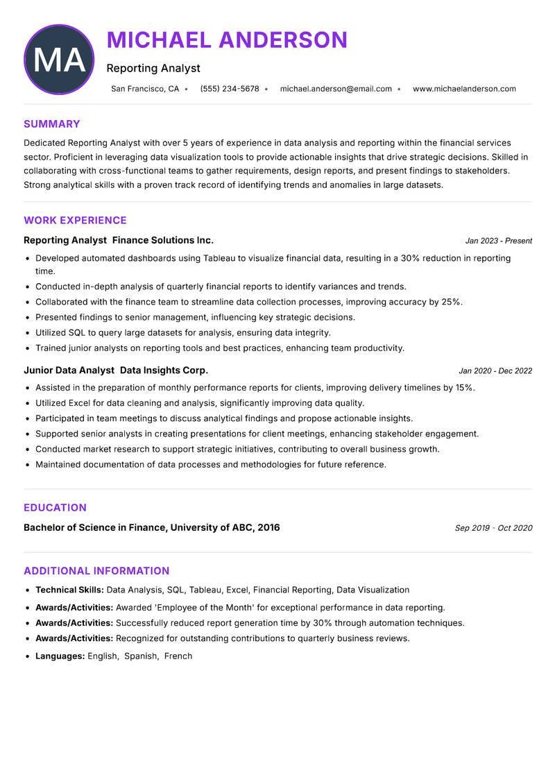 Reporting Analyst Resume Preview Example
