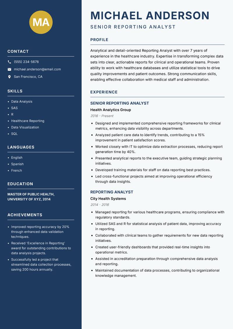 Reporting Analyst Resume Preview Example