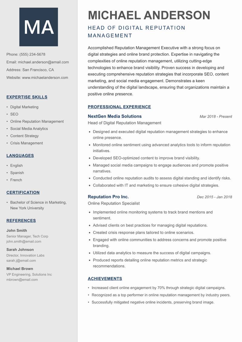 Reputation Management Executive Resume Preview Example